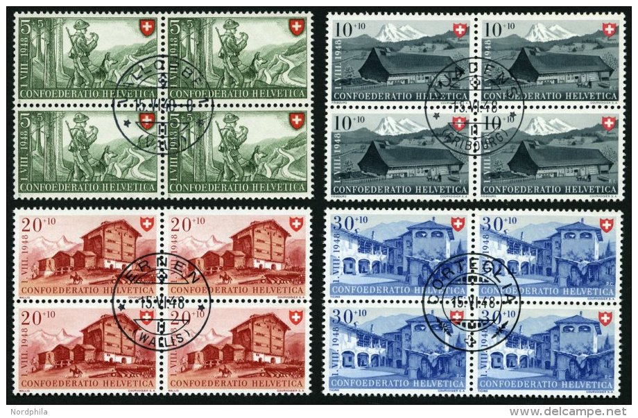 SCHWEIZ BUNDESPOST 508-11 VB O, 1948, Pro Patria In Viererblocks Mit Zentrischen Ersttagsstempeln, Prachtsatz - Gebraucht