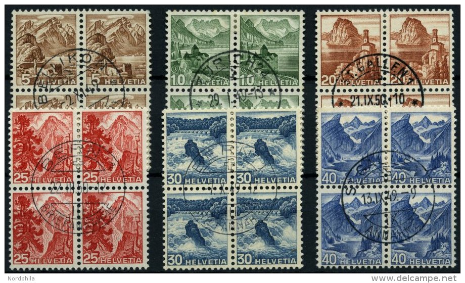 SCHWEIZ BUNDESPOST 500-05 VB O, 1948, Landschaften In Zentrisch Gestempelten Viererblocks, Prachtsatz - Usados