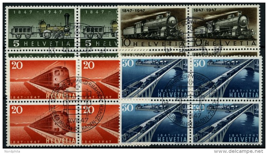 SCHWEIZ BUNDESPOST 484-87 VB O, 1947, 100 Jahre Eisenbahn In Viererblocks Mit Zentrischen Ersttagsstempeln, Prachtsatz - Usados