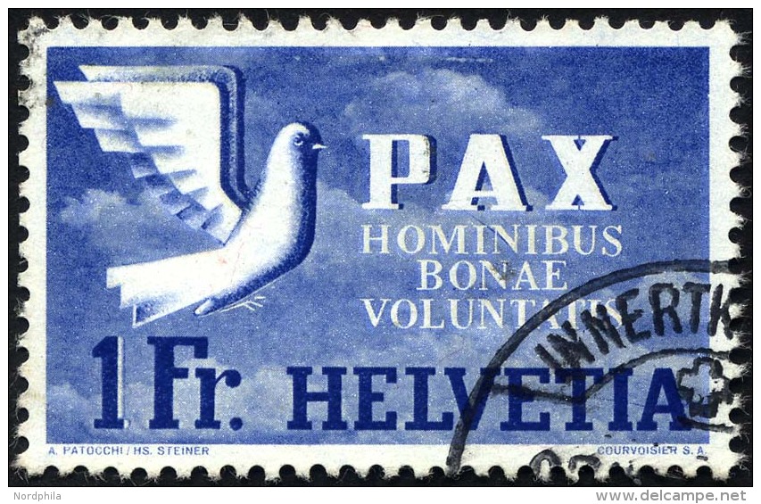 SCHWEIZ BUNDESPOST 455 O, 1945, 1 Fr. PAX, &uuml;blich Gez&auml;hnt Pracht, Gepr. Marchand, Mi. 120.- - Usados