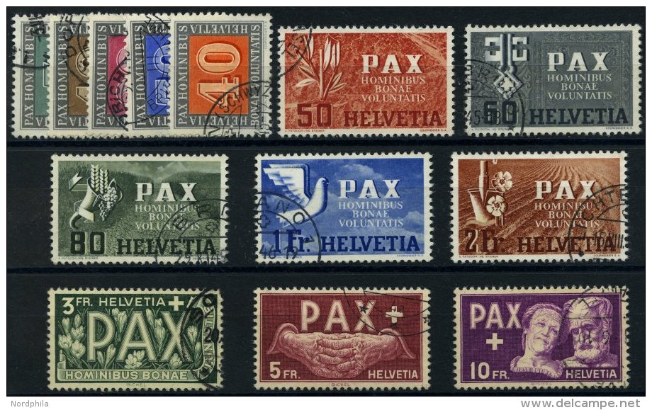 SCHWEIZ BUNDESPOST 447-59 O, 1945, PAX, Prachtsatz, 4 Endwerte Gepr. Abt, Mi. 1000.- - Usados