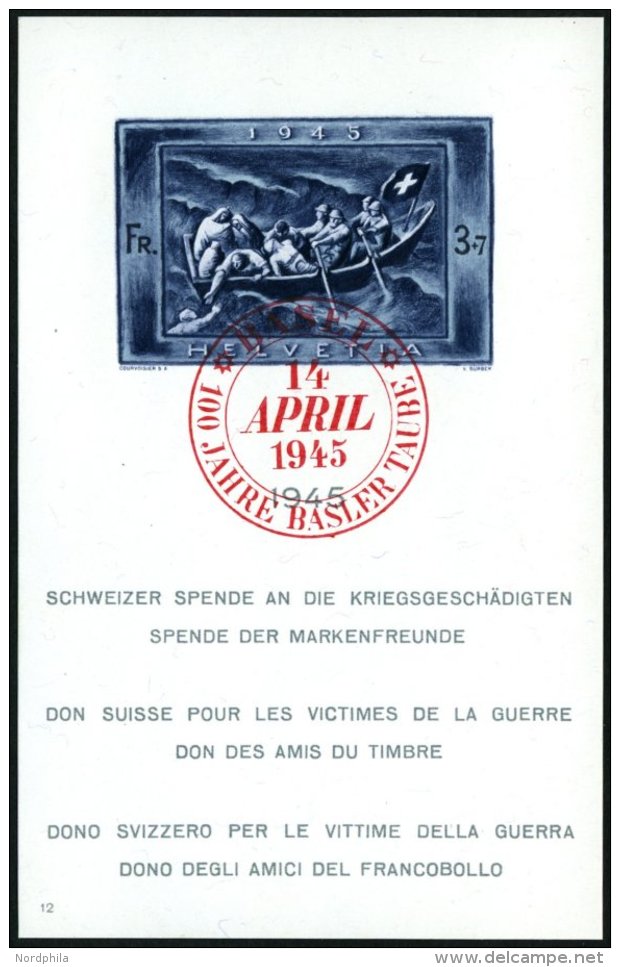 SCHWEIZ BUNDESPOST Bl. 11 O, 1945, Block Kriegsgesch&auml;digte Mit Rotem Sonderstempel, Pracht, Mi. 250.- - Usados