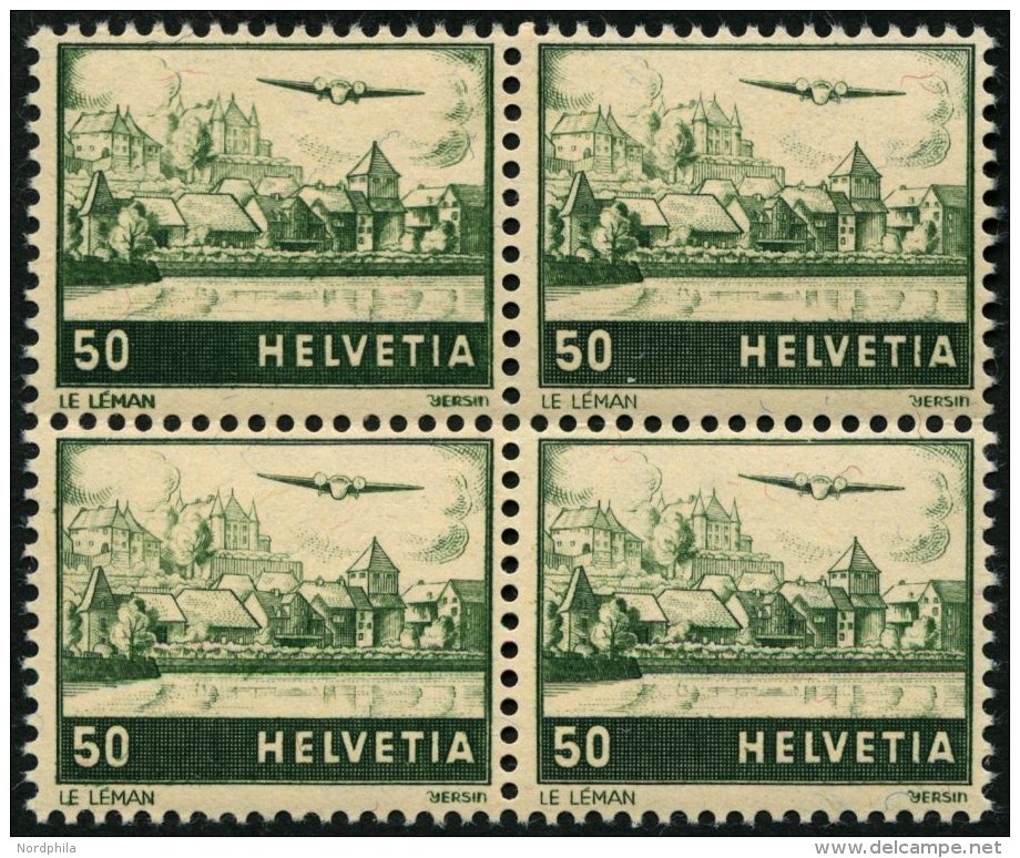 SCHWEIZ BUNDESPOST 389DP **, 1941, 50 C. Flugzeug &uuml;ber Landschaften, Doppelpr&auml;gung, Im Viererblock Mit Normale - Gebraucht