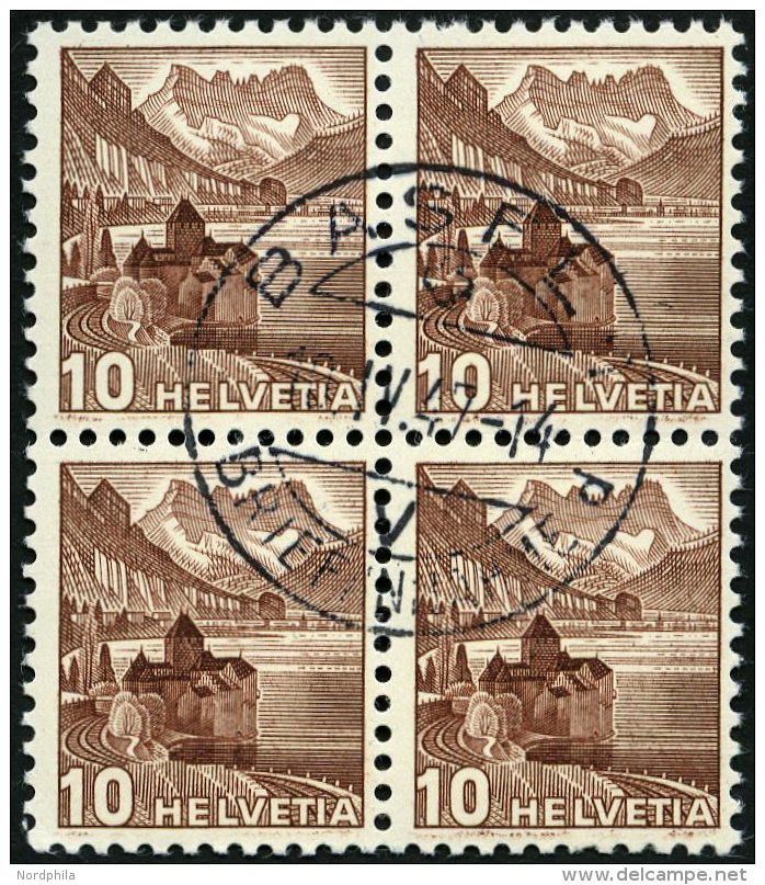 SCHWEIZ BUNDESPOST 363z VB O, 1940, 10 C. Dunkelr&ouml;tlichbraun, Geriffelter Gummi, Im Zentrisch Gestempelten Viererbl - Usados