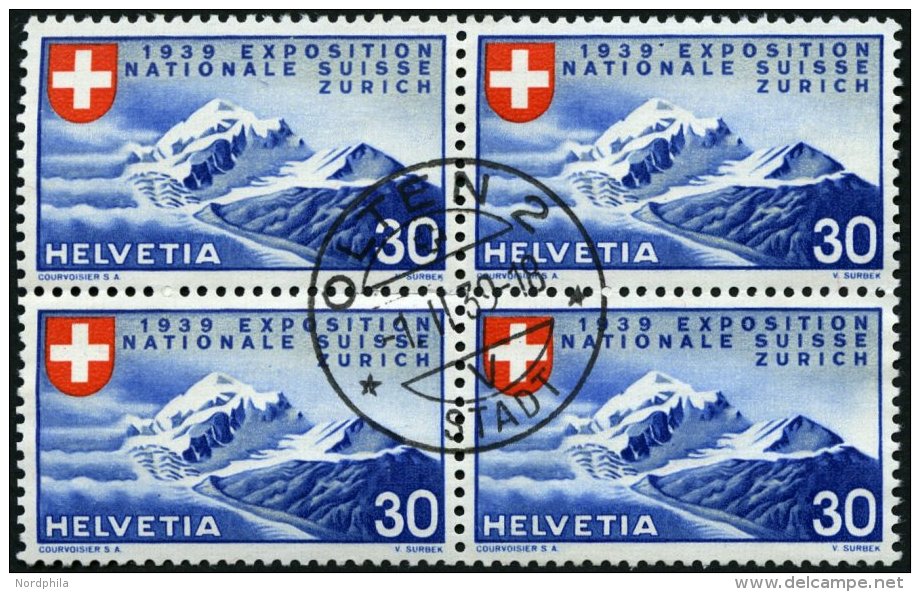 SCHWEIZ BUNDESPOST 340 VB O, 1939, 30 C. Landesausstellung, Franz&ouml;sische Inschrift, Im Viererblock Mit Zentrischem - Usados