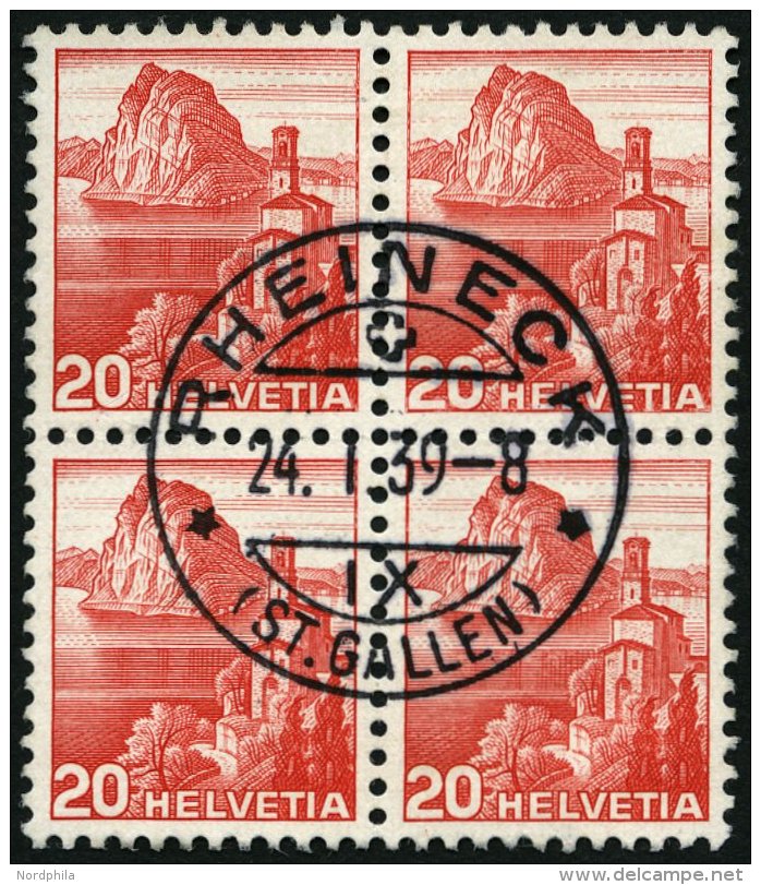 SCHWEIZ BUNDESPOST 327z VB O, 1938, 20 C. Dunkelrosa, Geriffelter Gummi, Im Zentrisch Gestempelten Viererblock, Pracht - Gebraucht