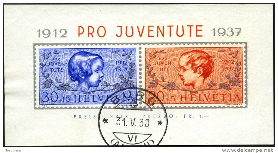 SCHWEIZ BUNDESPOST Bl. 3 O, 1937, Block Pro Juventute, Pracht, Gepr. Abt, Mi. 65.- - Usados