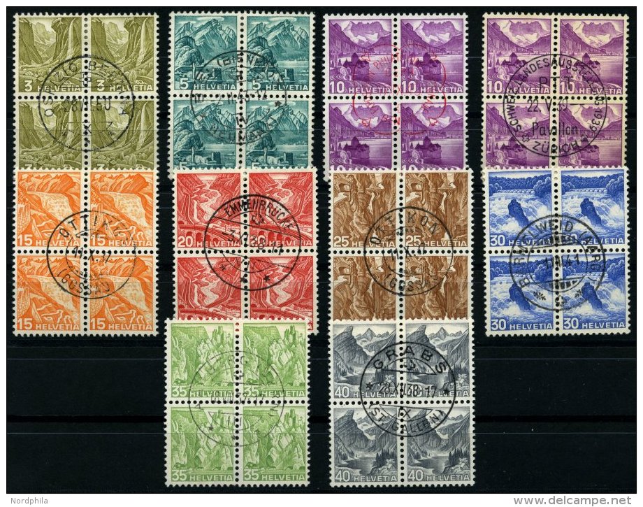 SCHWEIZ BUNDESPOST 297-305y VB O, 1936, Landschaften, Glatter Gummi, In Zentrisch Gestempelten Viererblocks, 10 C. Beide - Usados