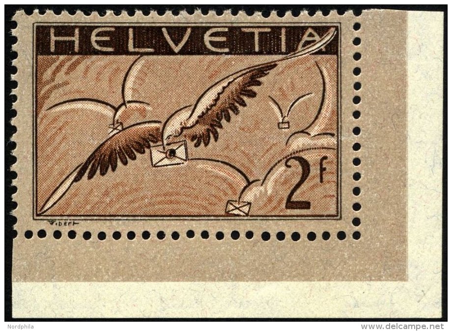 SCHWEIZ BUNDESPOST 245x *, 1930, 2 Fr. Brieftaube, Gew&ouml;hnliches Papier, Bogenecke, Falzreste, Pracht - Usados