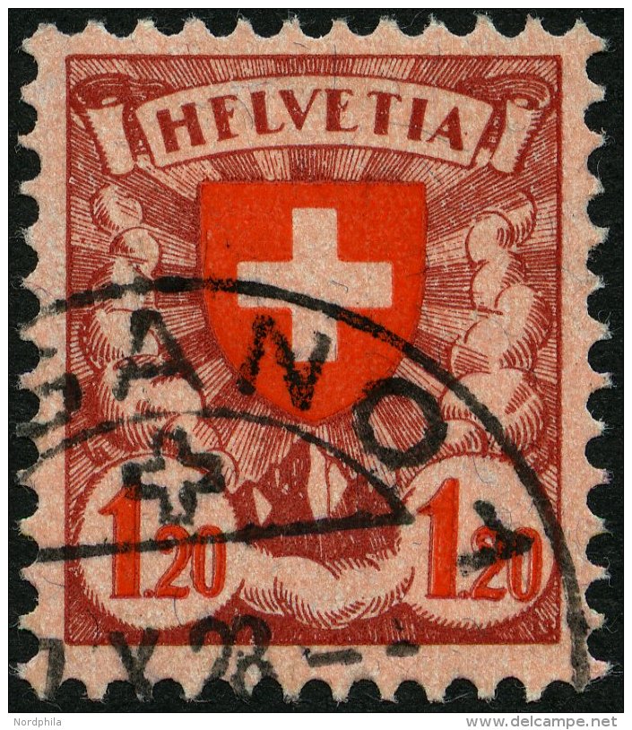 SCHWEIZ BUNDESPOST 195xI O, 1924, 1.20 Fr., Gew&ouml;hnliches Papier, Mit Abart Erstes E In Helvetia Wie F, Pracht, Mi. - Usados