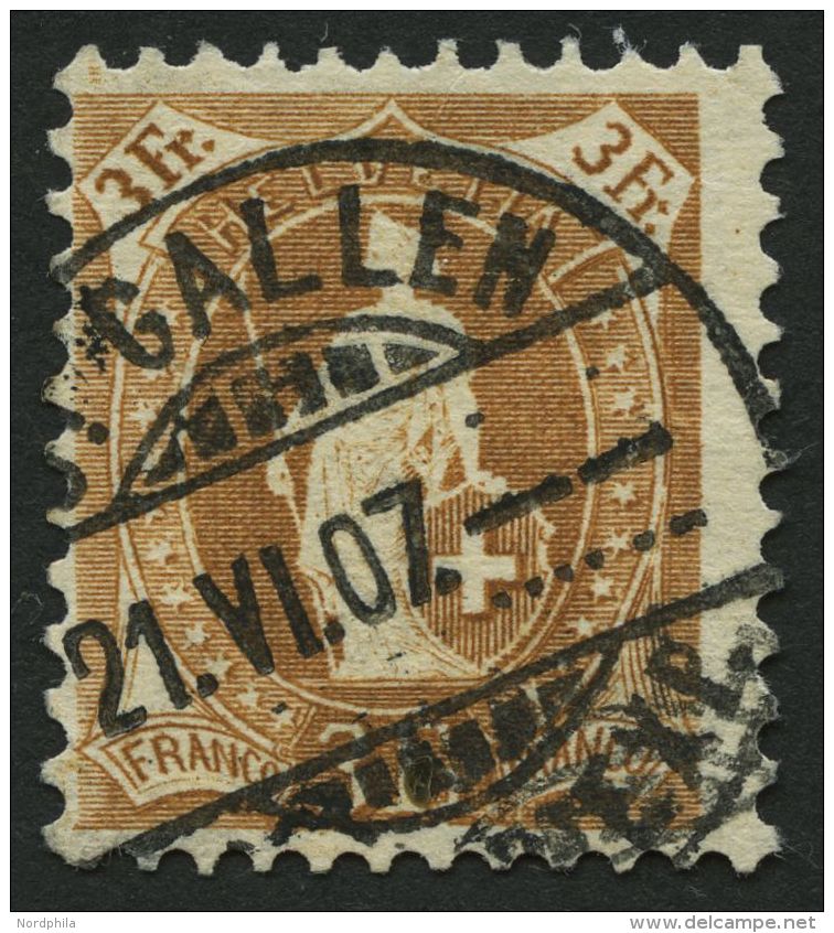 SCHWEIZ BUNDESPOST 80C O, 1905, 3 Fr. Gelbbraun, Gez&auml;hnt K 111/2:11, Pracht, Mi. 190.- - Sonstige & Ohne Zuordnung