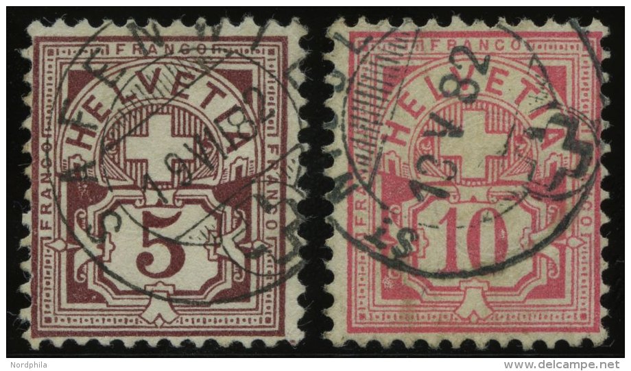 SCHWEIZ BUNDESPOST 46/7 O, 1882, 5 C. Lilabraun Und 10 C. Lebhaftrosarot, 2 Werte &uuml;blich Gez&auml;hnt Pracht, Mi. 2 - Usados