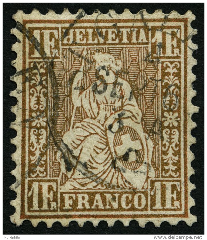 SCHWEIZ BUNDESPOST 28a O, 1863, 1 Fr. Goldbronze, Eckzahnbug Sonst Pracht, Mi. 420.- - Usados