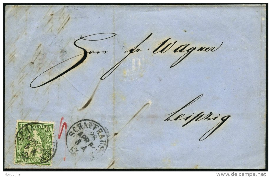 SCHWEIZ BUNDESPOST 26 BRIEF, 1864, 40 C. Gr&uuml;n Auf Prachtbrief Von SCHAFFHAUSEN Nach Leipzig - Usados