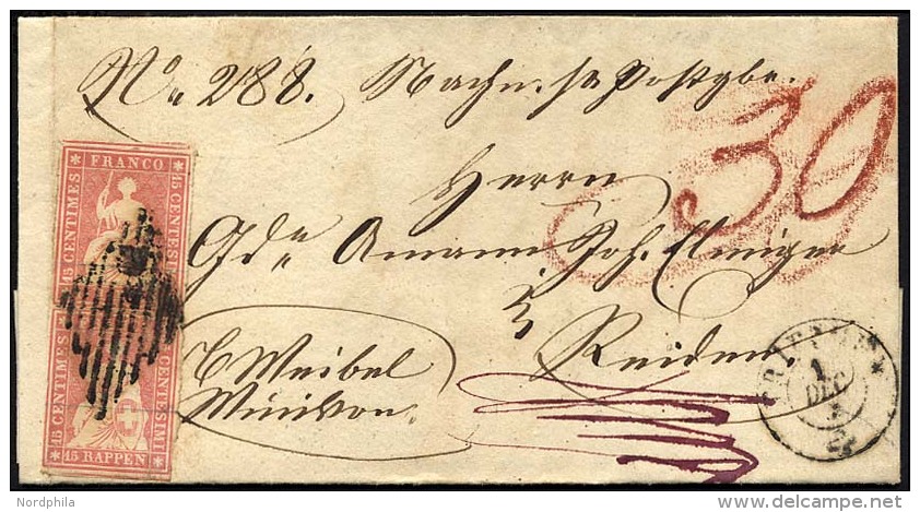 SCHWEIZ BUNDESPOST 15IIAym Paar BRIEF, 1855, 15 Rp. Rosa, Berner Druck I, (Zst. 24Ba), Im Senkrechten Paar (voll-breitra - Briefe U. Dokumente