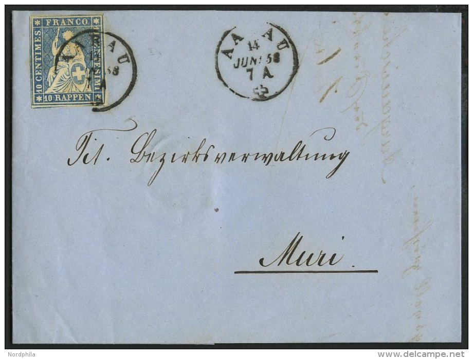 SCHWEIZ BUNDESPOST 14IIByo BRIEF, 1858, 10 Rp. Lebhaftblau, Dunkelroter Seidenfaden, Berner Druck I, (Zst. 23C), Vollran - Gebraucht