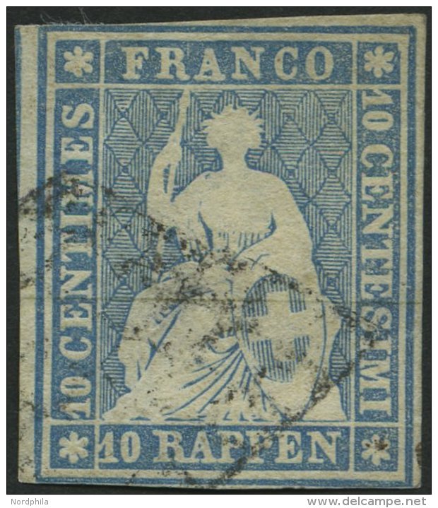 SCHWEIZ BUNDESPOST 14Ib O, 1854, 10 Rp. Mittelblau, 2. M&uuml;nchener Druck, (Zst. 23A), Schmal-breitrandig, Pracht, Gep - Usados