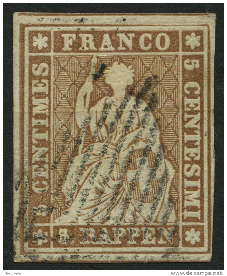 SCHWEIZ BUNDESPOST 13IIAyn O, 1855, 5 Rp. Braun, Gelber Seidenfaden, Berner Druck II, (Zst. 22C), Allseits Breitrandig K - Otros & Sin Clasificación