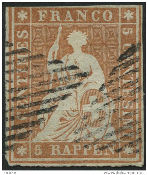 SCHWEIZ BUNDESPOST 13Ia O, 1854, 5 Rp. Braunorange, 1. M&uuml;nchener Druck, (Zst. 22Aa), Mit Klischeefehler: Unterer Kr - Usados