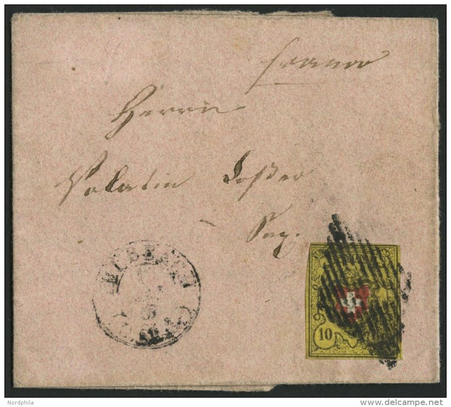 SCHWEIZ BUNDESPOST 8II BRIEF, 1853, 10 Rp. Schwarz/rot Auf Gelb, Type 10, Druckstein B1 (RU), Bis Auf Eine Ecke Vollrand - 1843-1852 Kantonalmarken Und Bundesmarken