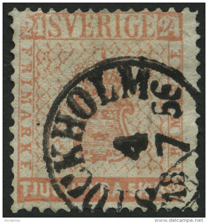 SCHWEDEN 5a O, 1855, 24 Skill. Bco. Ziegelrot, Dreiseitig Nachgez&auml;hnt - Fein, Mi. 2000.- - Gebraucht