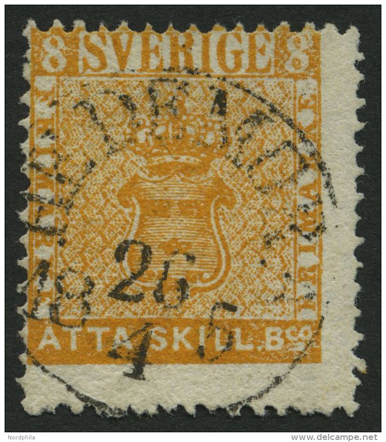 SCHWEDEN 4 O, 1855, 8 Skill. Bco. Gelborange, K1 HEDEMORA, Etwas Dezentriert, Pracht, Mi. 700.- - Gebraucht