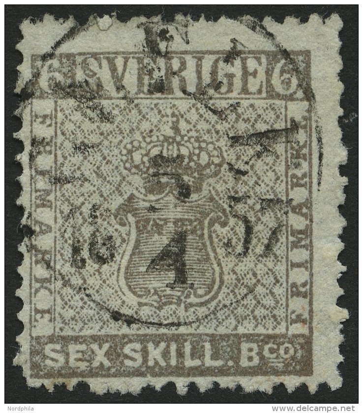 SCHWEDEN 3a O, 1855, 6 Skill. Bco. Br&auml;unlichgrau, Zentrischer K1 GEFLE, Feinst(kleine Zahnm&auml;ngel), Mi. 1100.- - Gebraucht