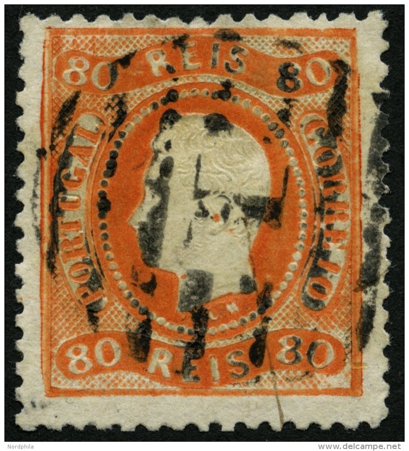 PORTUGAL 30 O, 1867, 80 R. Orange, Nummernstempel 1, &uuml;blich Gez&auml;hnt Pracht, Mi. 150.- - Gebraucht