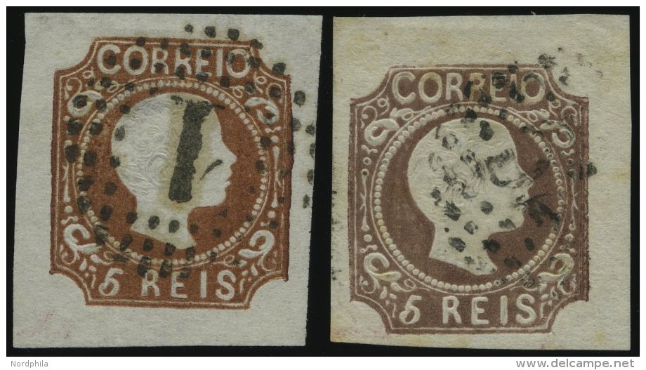 PORTUGAL 9b,c O, 1856, 5 R. Gelbbraun Und Schwarzbraun, 2 Breitrandige Prachtwerte, Gepr. Drahn, Mi. 320.- - Gebraucht