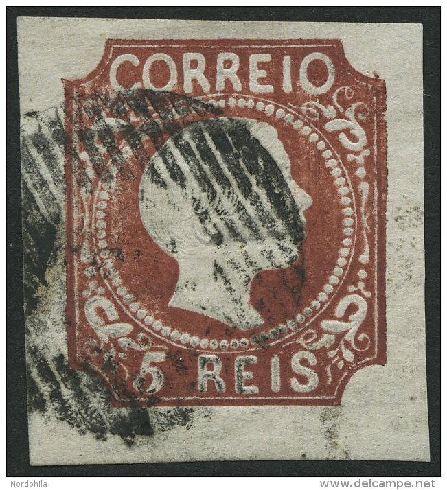 PORTUGAL 5 O, 1855, 5 R. Rotbraun, Glattes Haar, Breitrandig, Pracht, Mi. 1200.- - Usado