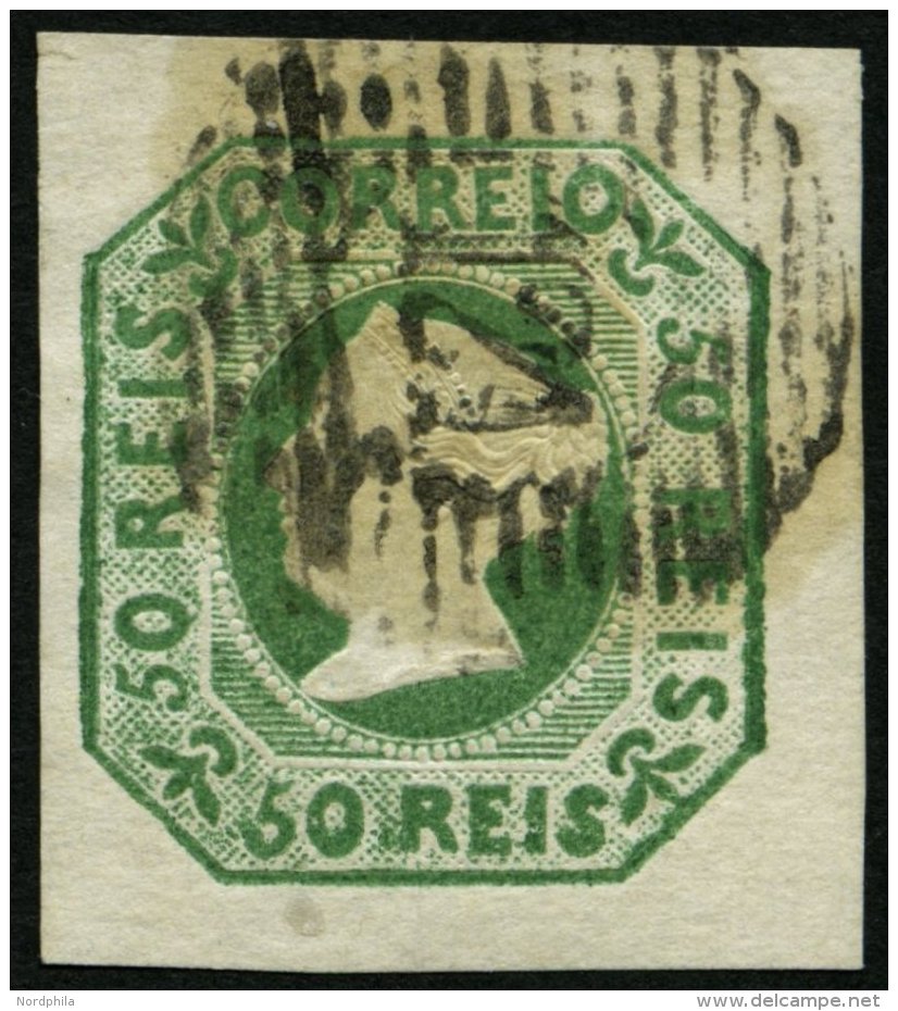 PORTUGAL 3a O, 1853, 5 R. Gr&uuml;n, Nummernstempel 121, Allseits Breitrandig, Farbfrisch, Kabinett, Gepr. Roumet, Mi. ( - Gebraucht