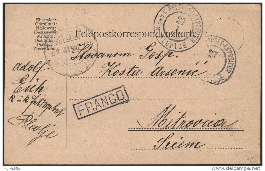 FELDPOST 1907, K2 K. Und K. FELDPOST-EXPOSITUR/PLEVIJE Auf &ouml;sterreich-ungarischer Feldpost-Vordruckkarte Aus Dem Sa - Sonstige & Ohne Zuordnung