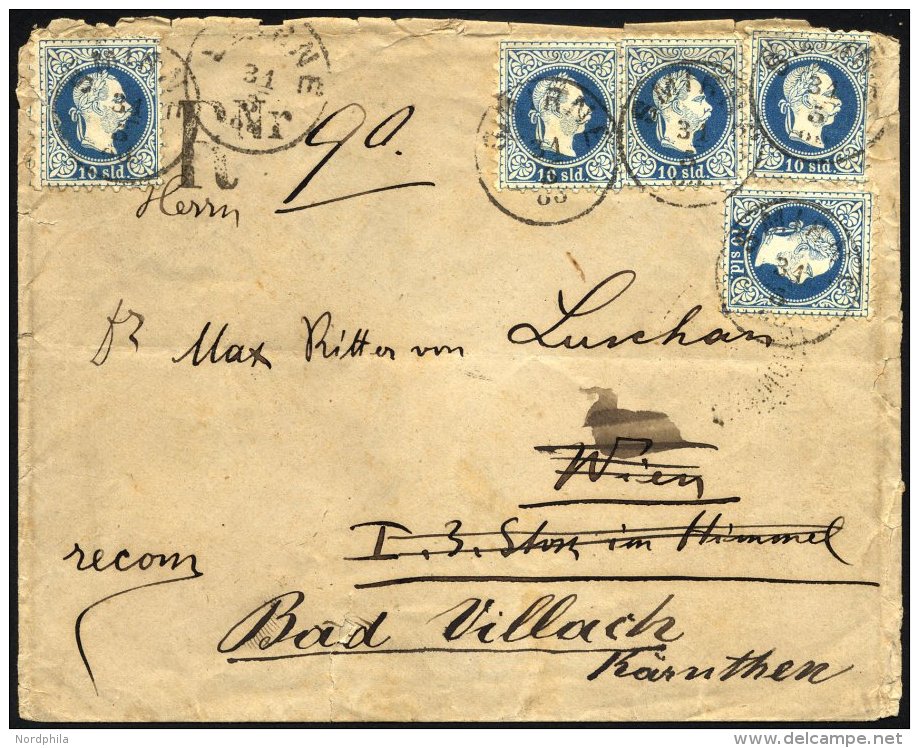 POST IN DER LEVANTE 4II BRIEF, 1883, 10 So. Blau, 5x Auf Einschreibbrief Von SMIRNE Nach Wien, Von Dort Nach Bad Villach - Oriente Austriaco