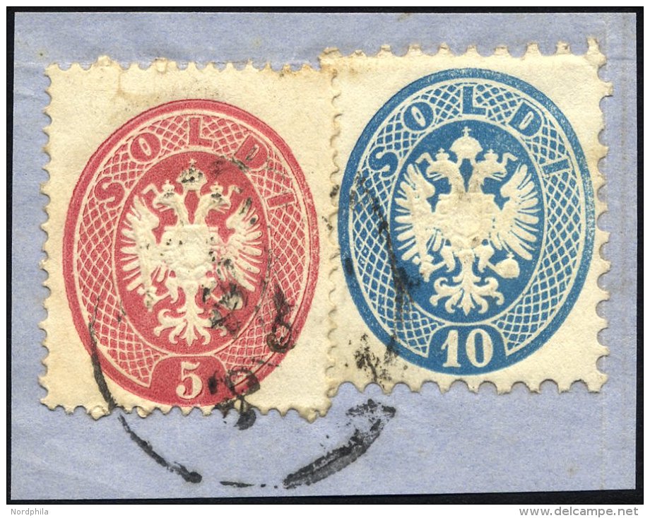 LOMBARDEI UND VENETIEN 16,22 BrfStk, Mischfrankatur: 1863, 5 So. Rosa Und 10 So. Blau Auf Briefst&uuml;ck, Pracht - Lombardo-Vénétie