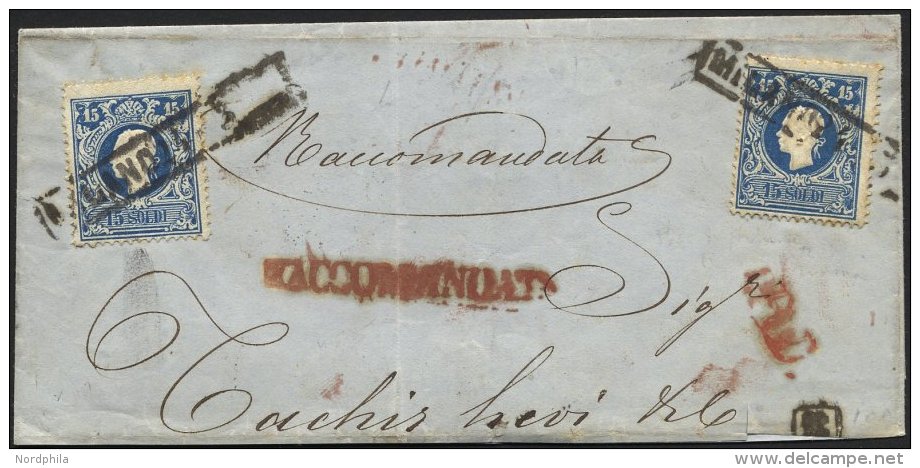 LOMBARDEI UND VENETIEN 11I BrfStk, 1859, 15 So. Blau, Type I, 2x Auf Gro&szlig;em Briefteil Nach TORINO, R1 MILANO 24-3 - Lombardo-Venetien