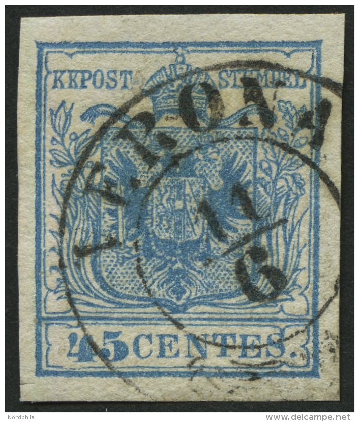 LOMBARDEI UND VENETIEN 5Xa O, 1850, 45 C. Blau, Handpapier, Type I, K2 VERONA, Kabinett - Lombardo-Venetien