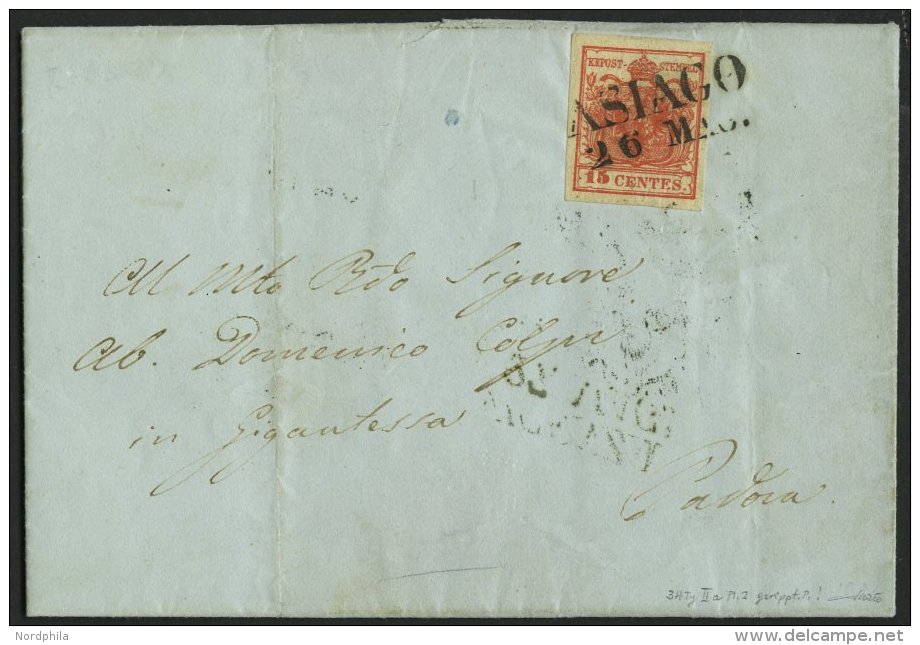 LOMBARDEI UND VENETIEN 3XR BRIEF, 1857, 15 C. Zinnoberrot, Handpapier, Type IIa, Geripptes Papier, L2 ASIAGO, Prachtbrie - Lombardo-Vénétie