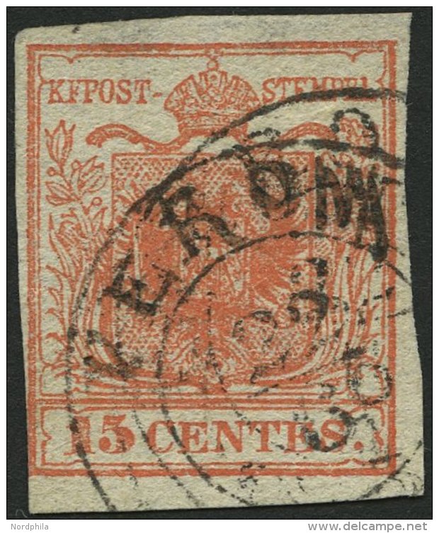 LOMBARDEI UND VENETIEN 3XaR O, 1850, 15 C. Zinnoberrot, Handpapier, Type I, Geripptes Papier, K2 VERON(A), Rechts Teils - Lombardo-Venetien