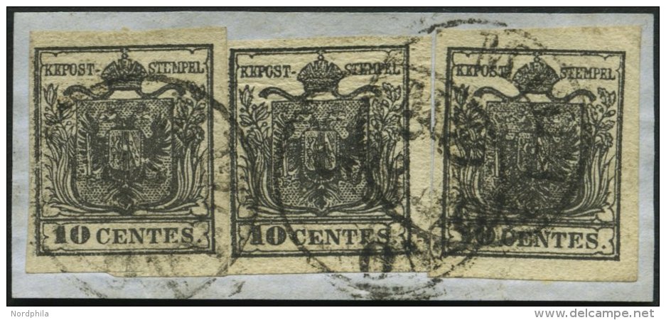 LOMBARDEI UND VENETIEN 2Xa BrfStk, 1850, 10 C. Schwarz, Handpapier, Type Ib, Ia, Ia, Dreifachfrankatur Auf Prachtbriefst - Lombardo-Vénétie