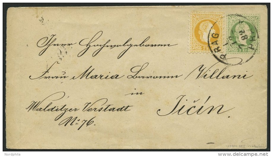 GANZSACHEN U 59I,35II BRIEF, 1882, 3 Kr. Gr&uuml;n, Wz. 3, Umschlag Mit Zusatzfrankatur 2 Kr. Gelb, Feiner Druck, Von PR - Otros & Sin Clasificación