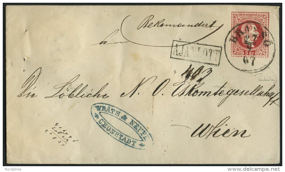 GANZSACHEN U 55,38I BRIEF, 1867, 5 Kr. Rot, Wz. 3 Umschlag Mit R&uuml;ckseitigem Reco-Porto 10 Kr. Blau, Mit Ungarischem - Sonstige & Ohne Zuordnung