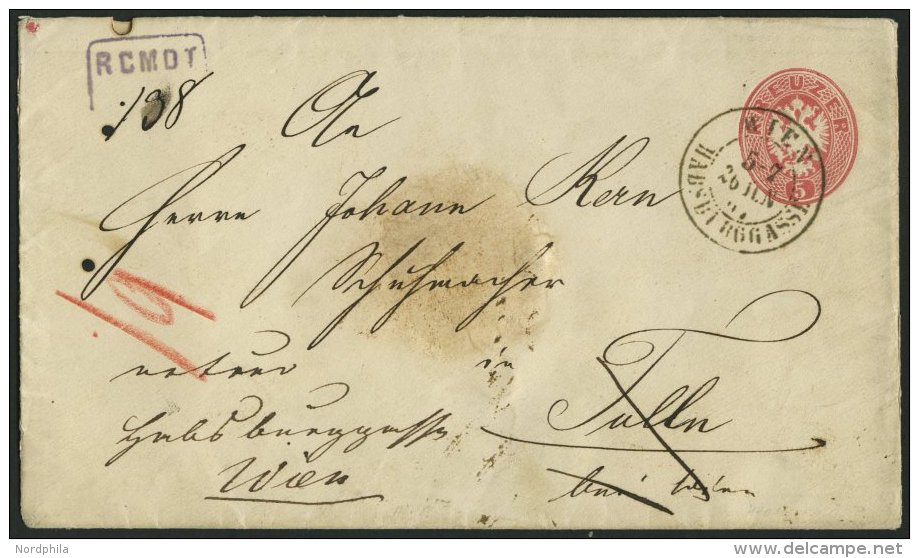 GANZSACHEN U 42,33 BRIEF, 1866, 5 Kr. Rot, Wz. 2, Umschlag Mit R&uuml;ckseitigem Reco-Porto 10 Kr. Blau Von WIEN-HABSBUR - Otros & Sin Clasificación