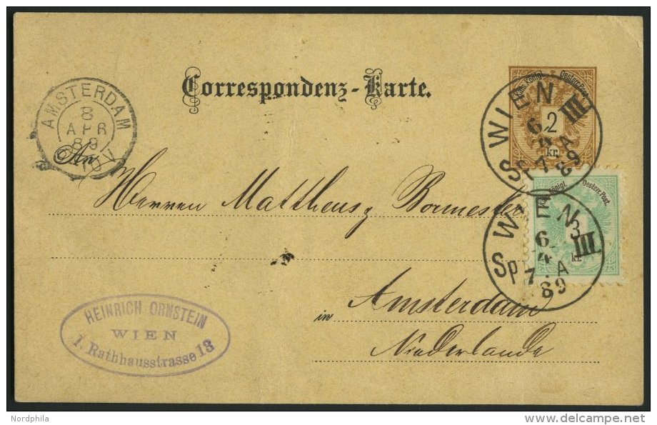 GANZSACHEN P 43,45 BRIEF, 1889, 2 Kr. Braun, Karte (deutsch) Mit Zusatzfrankatur 3 Kr. Doppeladler Von WIEN III Nach Ams - Sonstige & Ohne Zuordnung