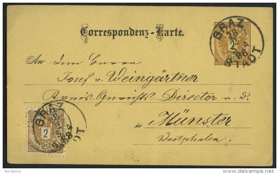 GANZSACHEN P 43,44 BRIEF, 1888, 2 Kr. Braun, Karte (deutsch) Mit Zusatzfrankatur 2 Kr. Doppeladler Von GRAZ STADT Nach M - Sonstige & Ohne Zuordnung