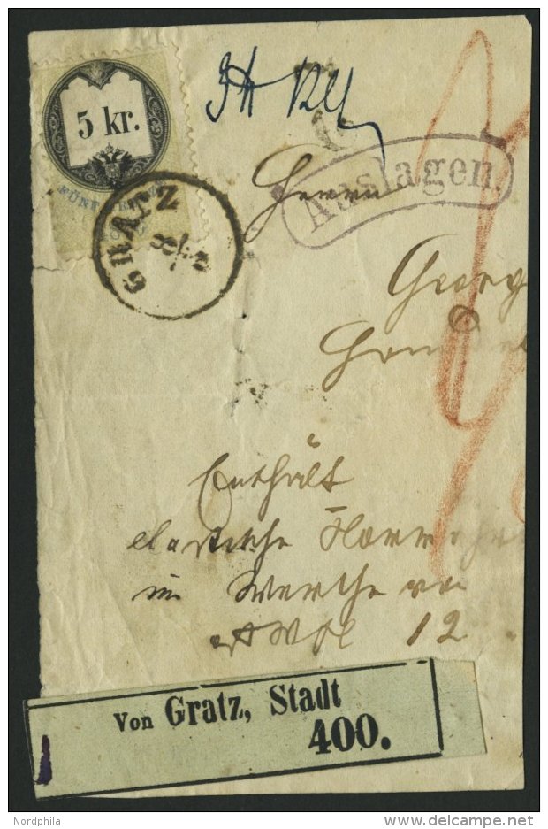 PORTOMARKEN 5 Kr. Stempelmarke Auf Briefteil Mit K1 GRATZ Und Auslagenstempel, Feinst - Impuestos
