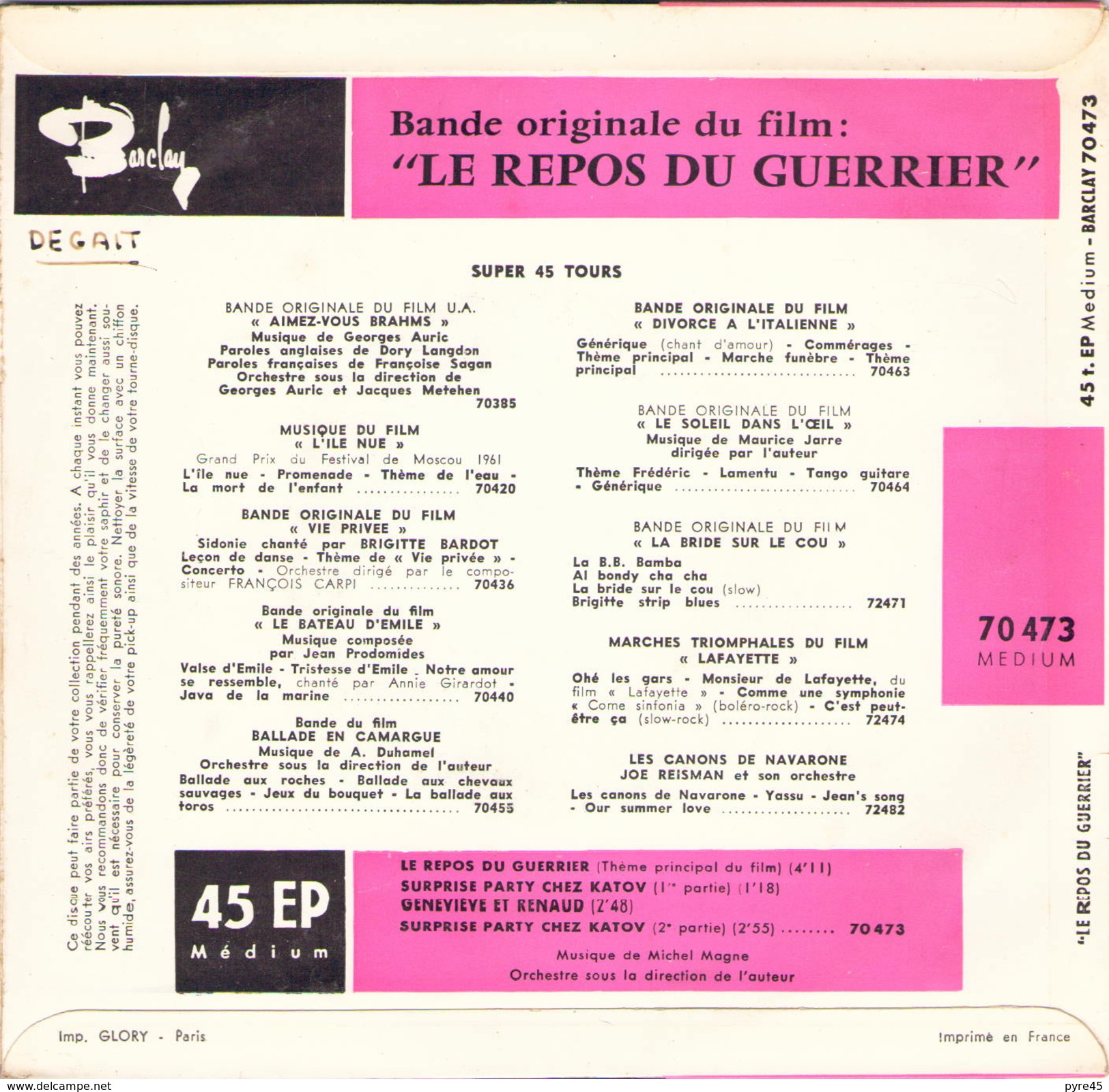 45 TOURS MICHEL MAGNE BARCLAY 70473 BOF LE REPOS DU GUERRIER BRIGITTE BARDOT - Soundtracks, Film Music