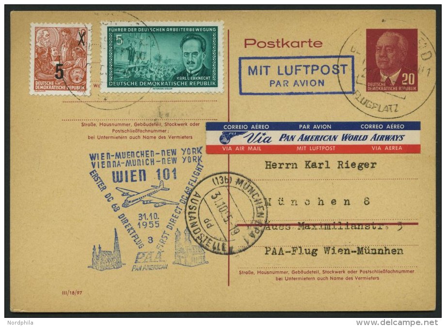 GANZSACHEN P 54 BRIEF, 1955, 20 Pf. Karmin Mit Zusatzfrankatur, PAA-Flug Wien-M&uuml;nchen, Pracht, Mi. 60.- - Otros & Sin Clasificación