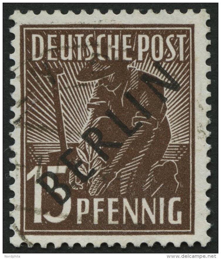 BERLIN 6 O, 1948, 15 Pf. Schwarzaufdruck, Pracht, Gepr. Lippsch&uuml;tz, Mi. 80.- - Sonstige & Ohne Zuordnung