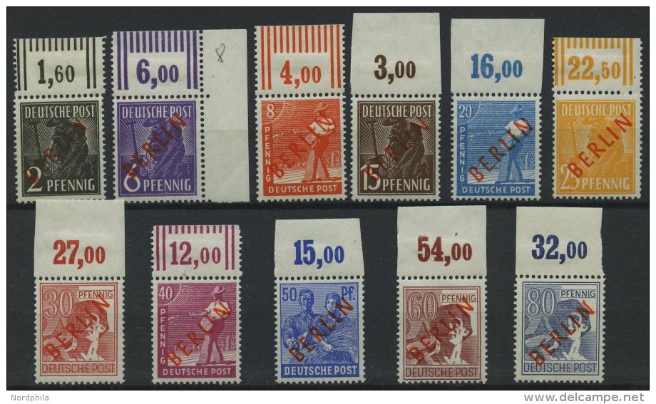 BERLIN 21-23,25-32 **, 1949, 2 - 8 Pf. Und 15 - 80 Pf. Rotaufdruck, Alle Vom Oberrand (dort Falzrest), 11 Prachtwerte, G - Otros & Sin Clasificación