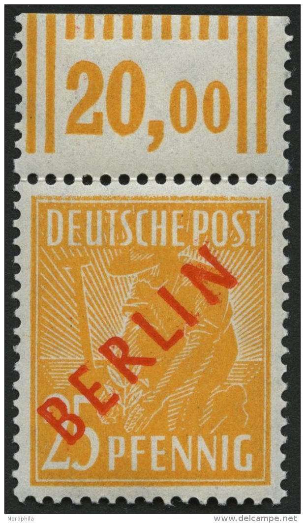 BERLIN 27WOR **, 1949, 25 Pf. Rotaufdruck, Walzendruck, Oberrandst&uuml;ck, Pracht, Gepr. D. Schlegel, Mi. 500.- - Oblitérés